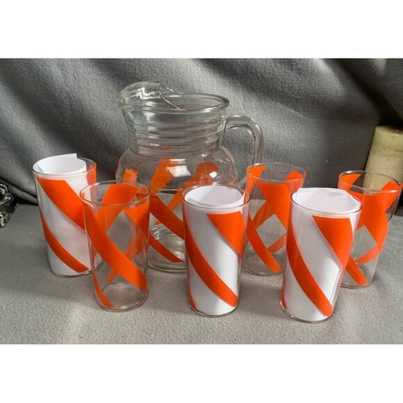 Vintage Orange Swirl 6 12oz Glasses & Pitcher Mid Century Set - Picture 12 of 13
